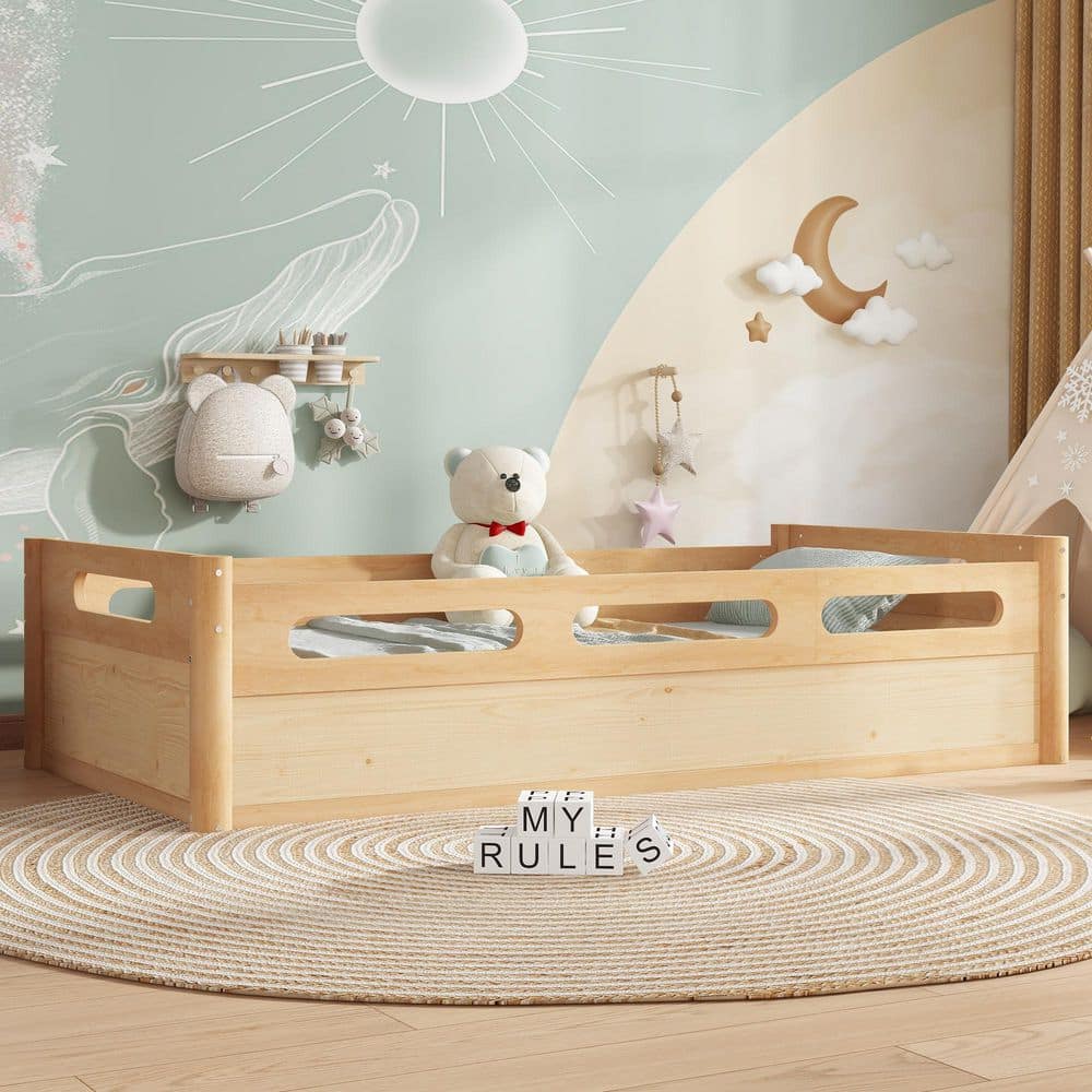 Natural/Yellow Wood Frame Twin Size Platform Bed with Full-length Guardrails,wood Slats Support price history on PriceWatchPro