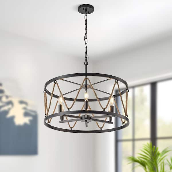 6-Light 23.62 in. Industrial Farmhouse Adjustable Matte Black Drum Chandelier with Hemp Rope Chain for Kitchen Island