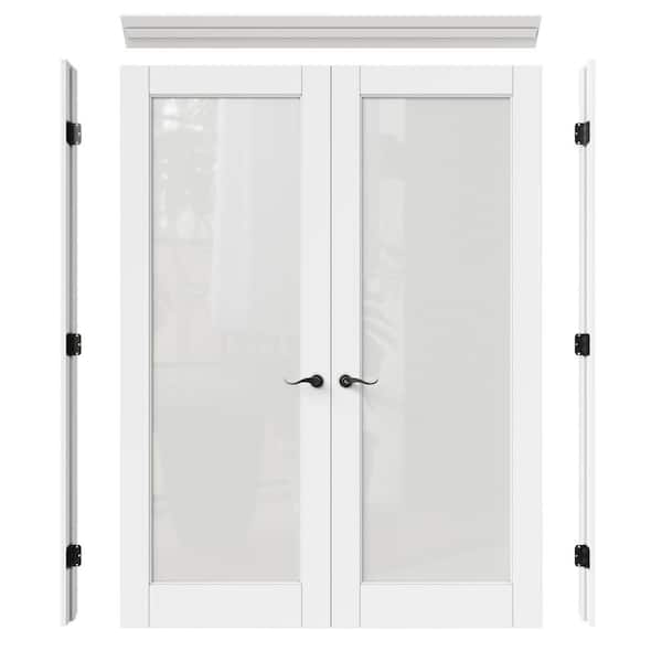 ARK DESIGN 64 in. x 96 in. Universal Handed 1-Lite Frosted Glass White Solid Core MDF French Door with Quick Assemble Jamb