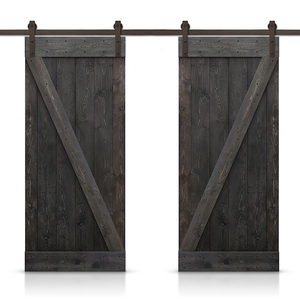 CALHOME Z 64 in. x 84 in. Bar Charcoal Black Stained DIY Solid Pine Wood Interior Double Sliding Barn Door with Hardware Kit