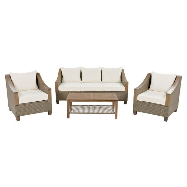 Boosicavelly Iron 4-Piece Rattan Brown Grey Outdoor Conversation Sofa Set with Wooden Coffee Table and Beige Cushions