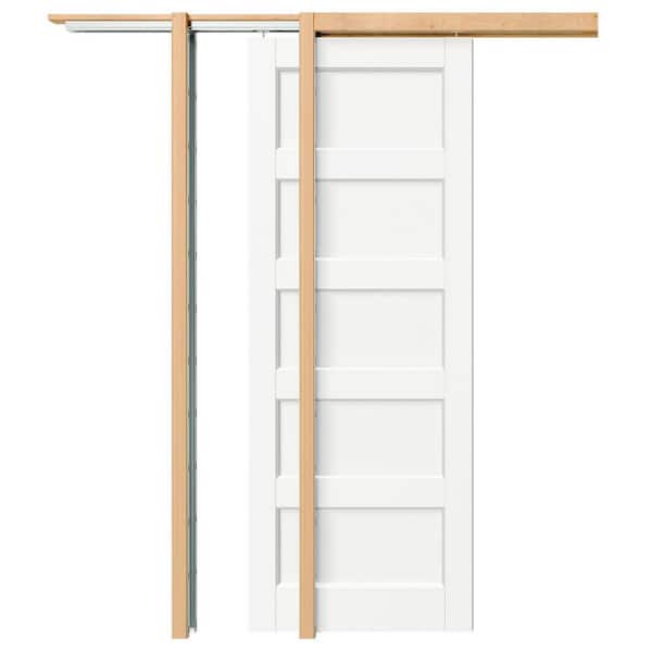 60 in. x 80 in. 5-Panel, Solid Core, DIY Painted, White Primed, MDF, Pre-Assembled Sliding Door with All Hardware