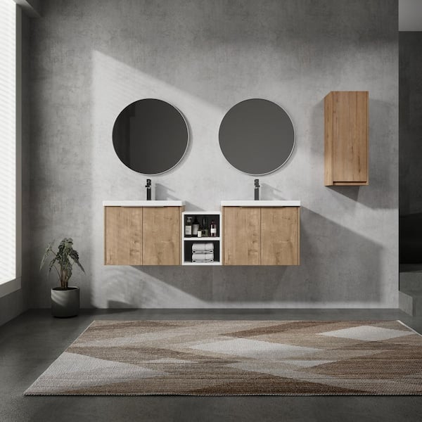 Bohemia 60 in. W x 18.1 in. D x 19.3 in. H Floating in Imitative Oak Bath Vanity with White Resin Top Vanity