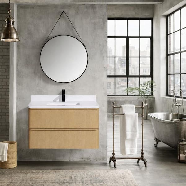 Lucas 36 in. W x 21 in. D x 22 in. H Single Floating Bath Vanity in Oak w/ Engineered Quartz Top in White w/ White Basin