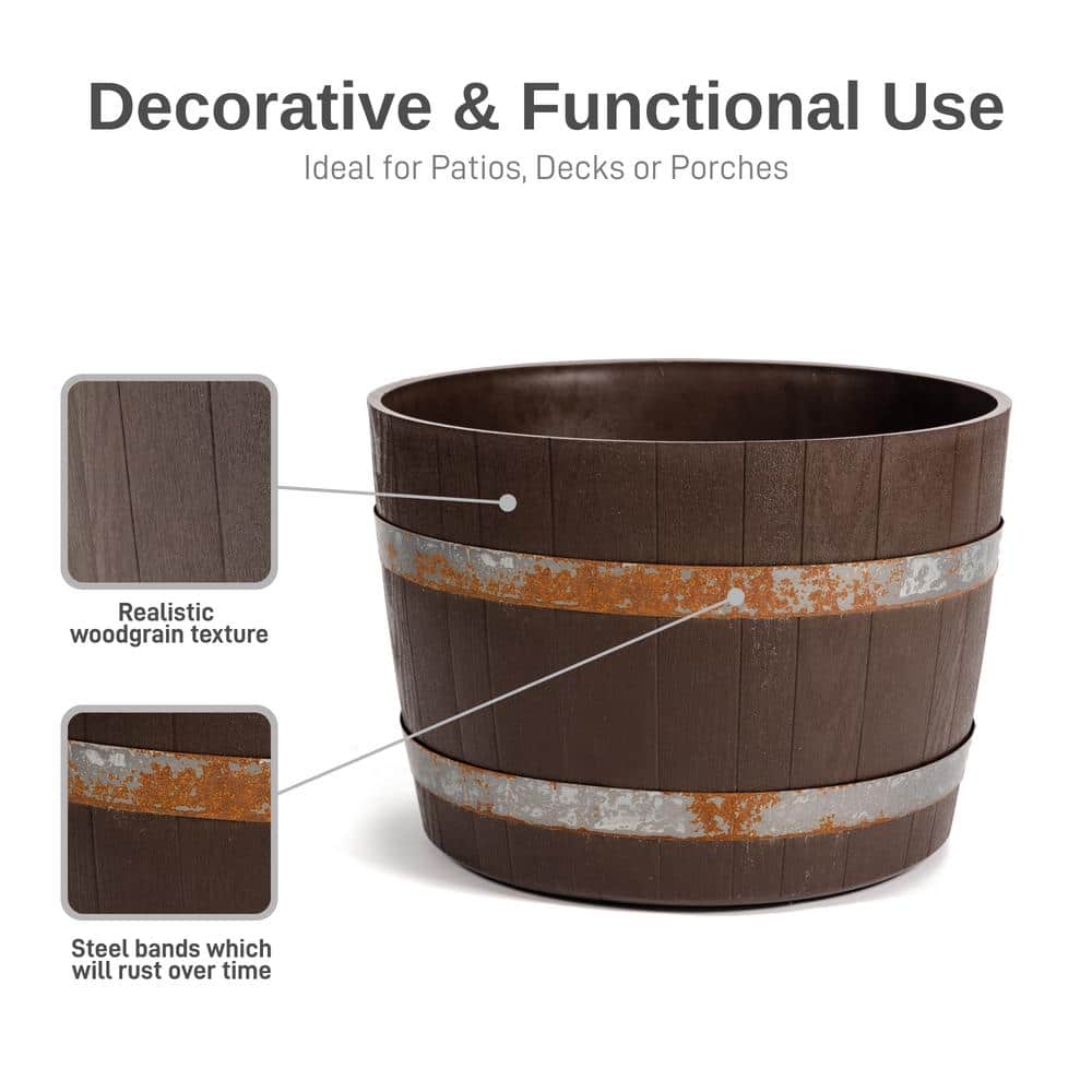 24" Brown Recycled Plastic Barrel Planters with Steel Bands, 2 Pack