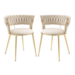 Modern Ivory Velvet Dining Chairs Weaved Backrest Leisure Chair Golden Metal Legs for Kitchen, Living Room (Set of 2)