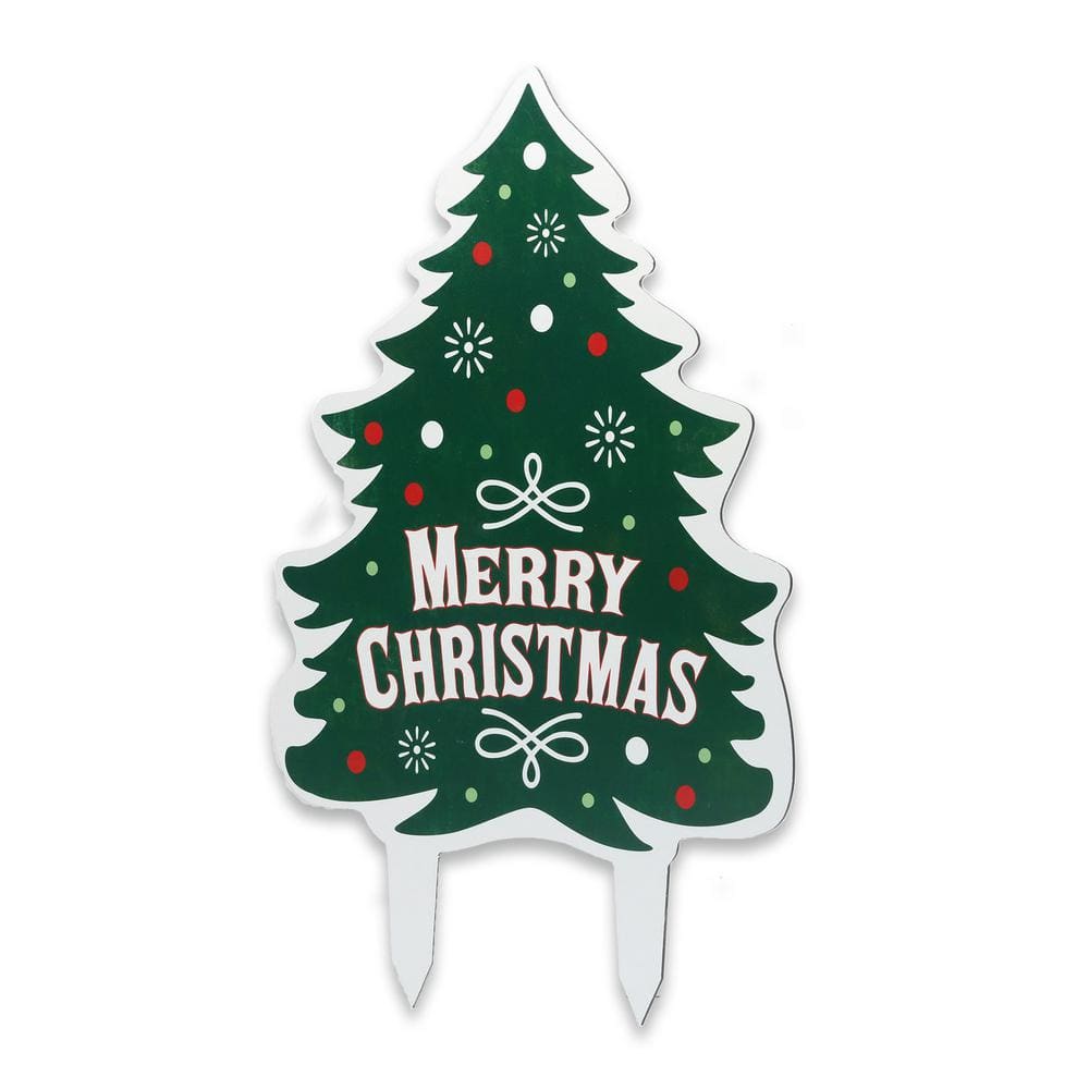 Green Metal Merry Christmas Tree Yard Stake with Ornaments