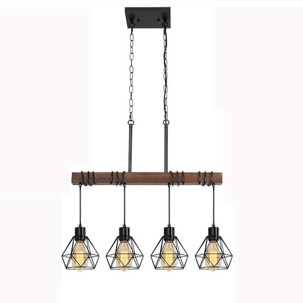 Farmhouse 4-Light Matte Black and Brown Wood Linear Chandelier with Diamond Shades for Kitchen Island