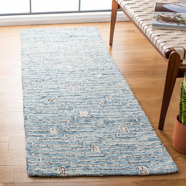 Micro-Loop 2 ft. x 7 ft. Light Blue/Ivory Striped Geometric Runner Rug