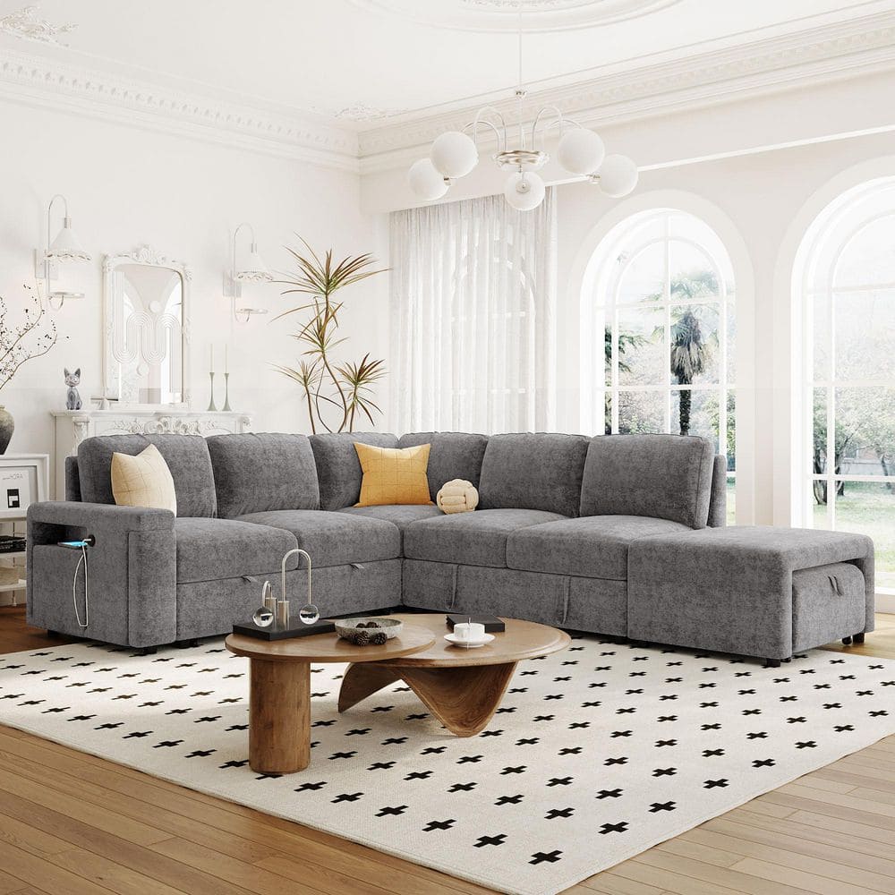 Gray L-Shaped Padded Modular Sectional Sofa Bed with Storage Space, USB Por