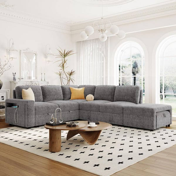 Gray L-Shaped Padded Modular Sectional Sofa Bed with Storage Space, USB Ports, and Cup Holders on the Armrests