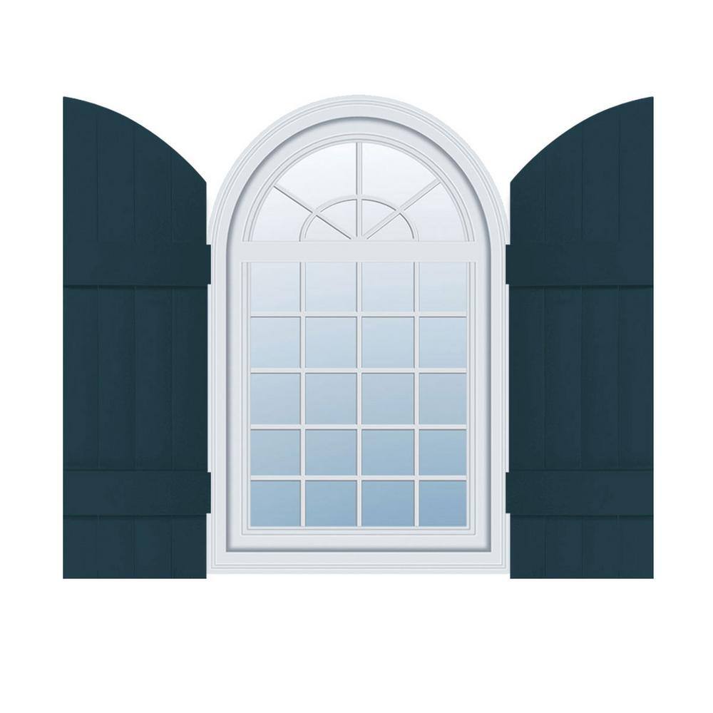 14 in. W x 49 in. H Vinyl Exterior Arch Top Joined Board and Batten Shutters Pair in Midnight Blue