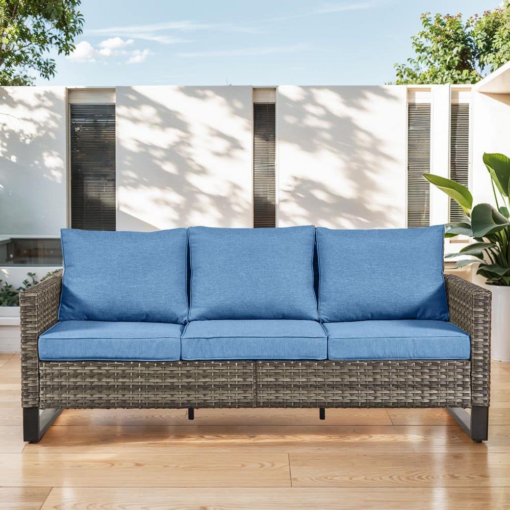 U-Frame 3-Seat Gray Wicker Outdoor Patio Couch with Blue Cushions price history on PriceWatchPro