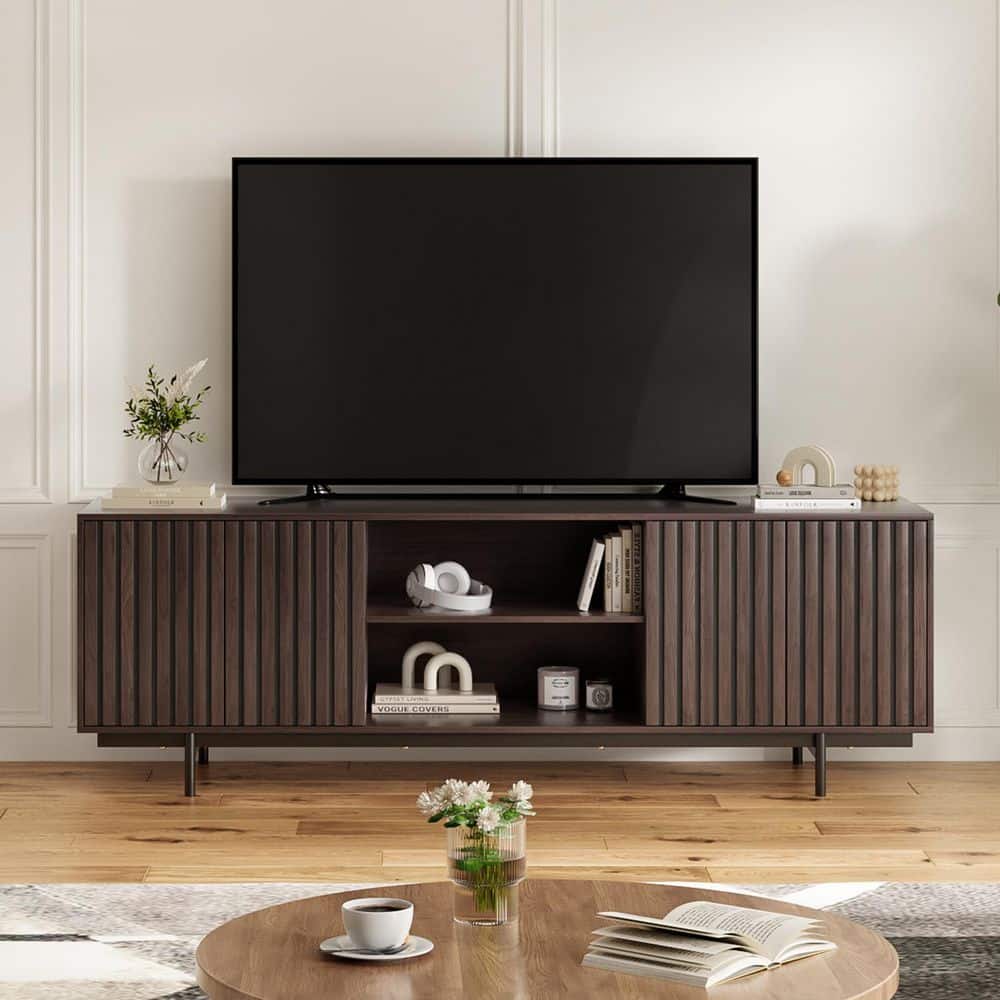 GOGEXX Dark Walnut 63 in. Retro Fluted Wood TV Stand for Up to 75