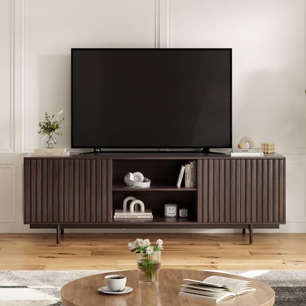 Dark Walnut 63 in. Retro Fluted Wood TV Stand for Up to 75 in. TVs with Pop Up Doors