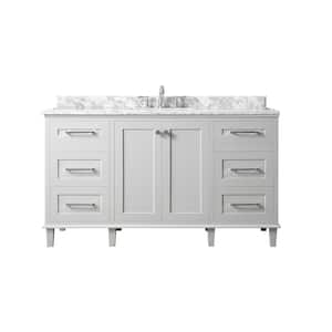 Heathermore 60 in. W x 22 in. D in Dove Grey with Marble Top in Carrera with White Basins