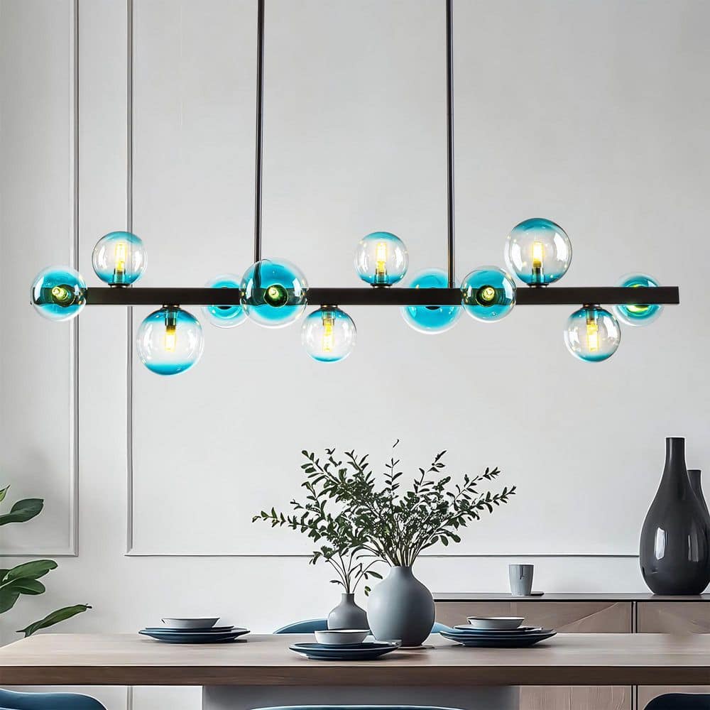 Luna 12-Light Matte Black Mid-Century Modern Kitchen Island Pendant with Gradient Blue Glass Globes price history on PriceWatchPro