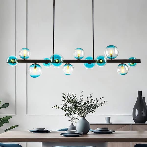 Rennnsan Luna 12-Light Matte Black Mid-Century Modern Kitchen Island Pendant with Gradient Blue Glass Globes