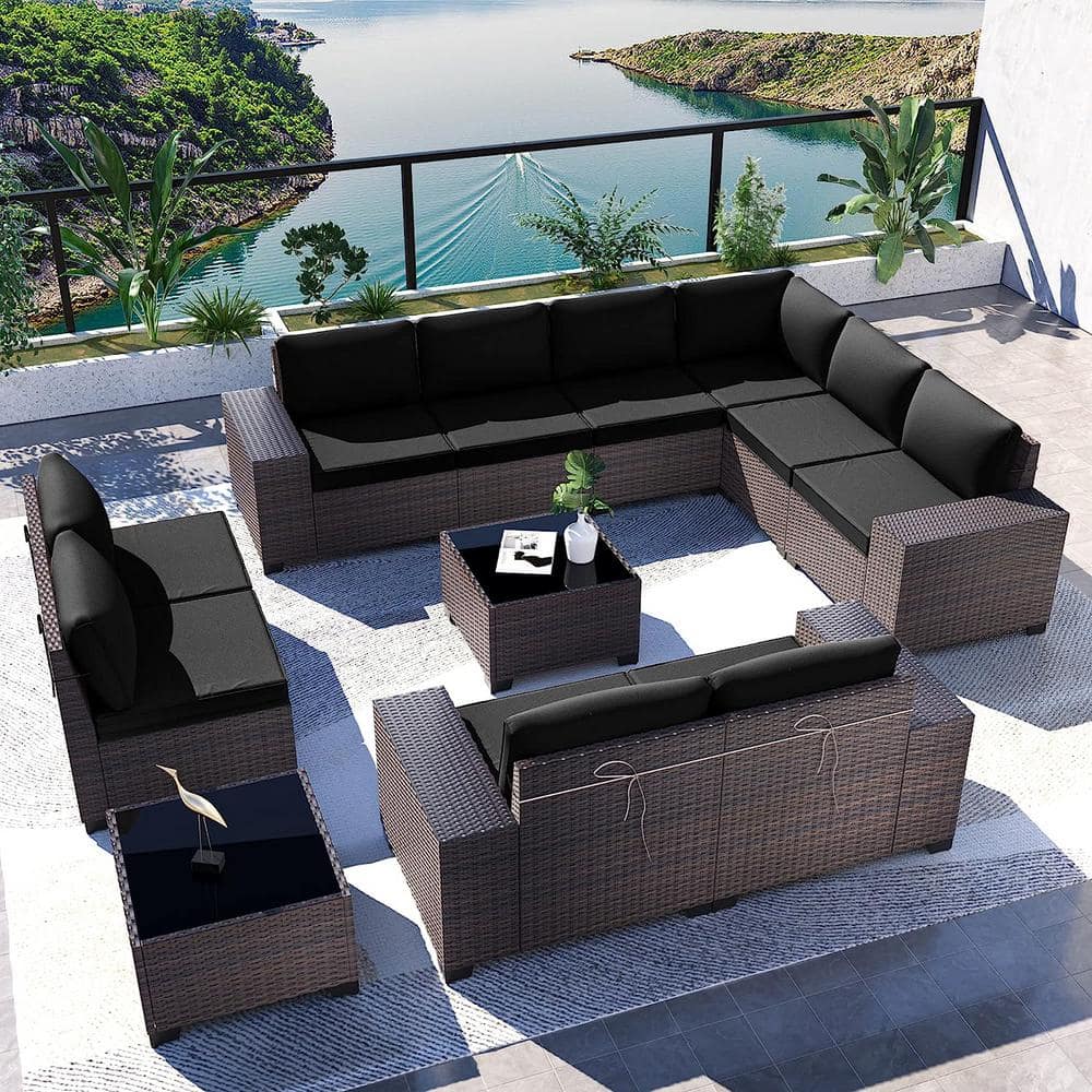 Halmuz 12-Piece Brown Wicker Outdoor Sectional Set with Glass