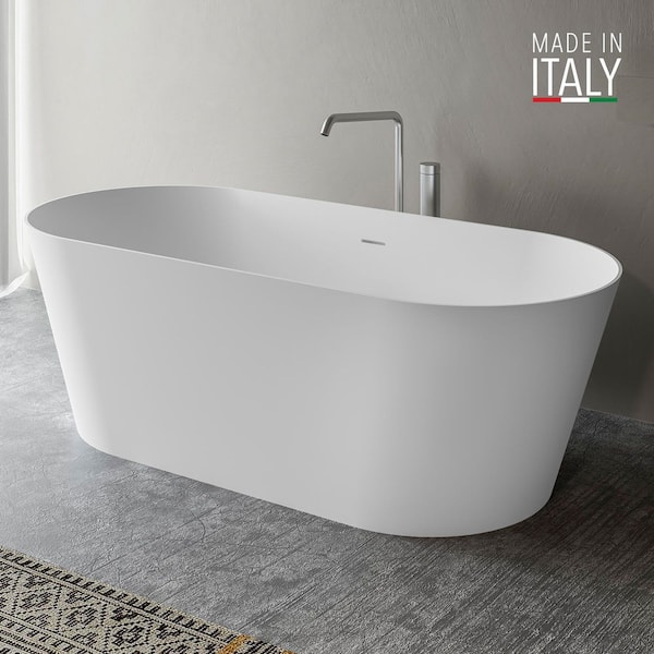 Omnia 67 in. x 30 in. Freestanding Soaking Oval Bathtub in Matte White epiStone Solid Surface with Center Drain