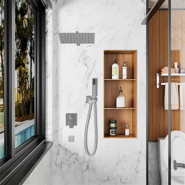 Single-Handle 3-Spray Hand Shower Retractable Tub Faucet with 12 in. Wall Mount Rain Shower Heads in Brushed Nickel