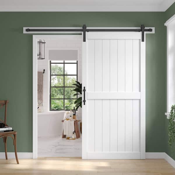 easelife 42 in. x 84 in. White Paneled H Shape Solid MDF Sliding Barn Door with Hardware Kit