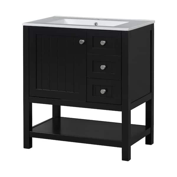 Ziyudura 30 in. Single Sink Freestanding Black Bath Vanity with White Ceramic Top, Multifunctional Storage