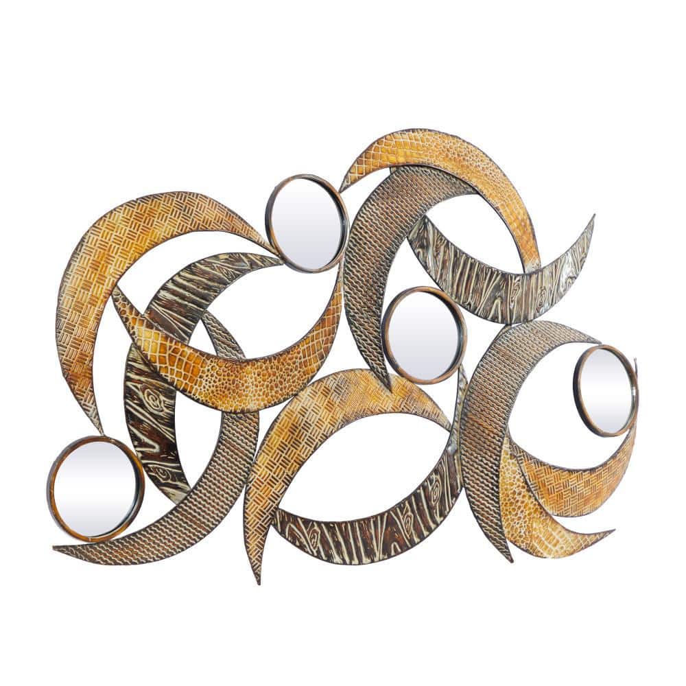 Beige and Brown Metal Crescent Moon Wall Sculpture with Mirrors