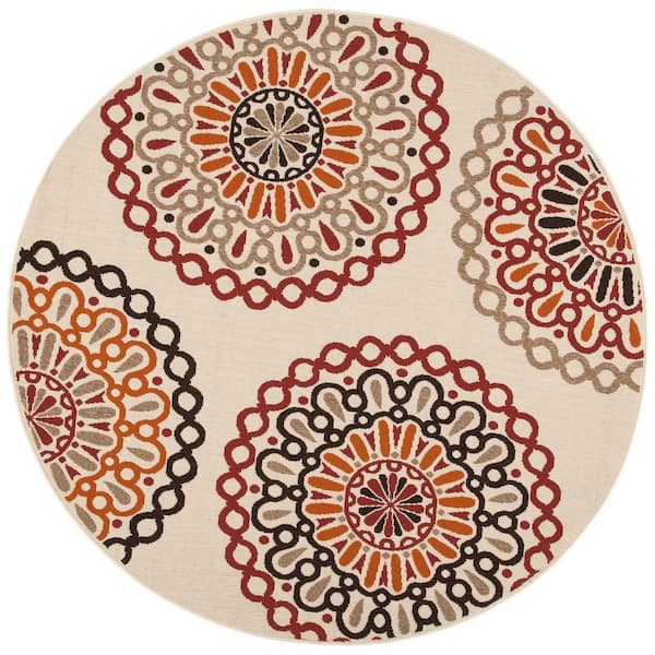 Veranda Creme/Red 7 ft. x 7 ft. Geometric Floral Indoor/Outdoor Round Area Rug