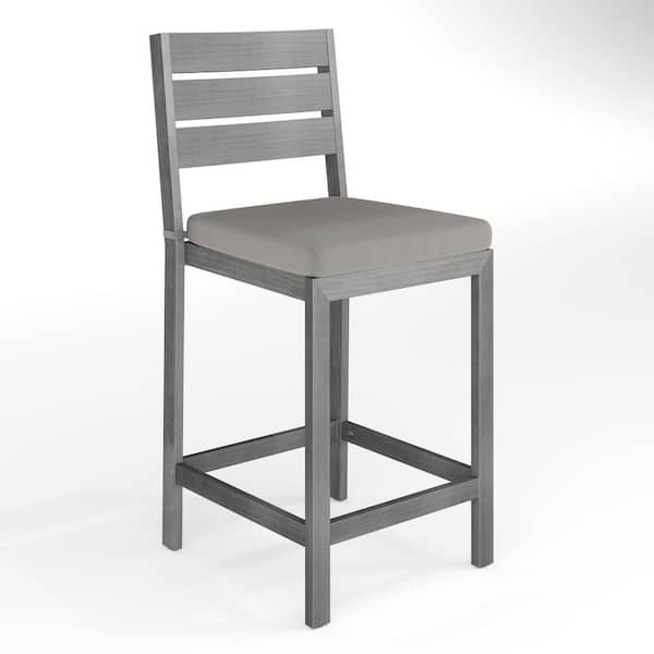 MARTHA STEWART Bedford Aluminum Indoor-Outdoor Patio Bar Stools with Gray Brushed Woodgrain and Gray All-Weather Seat Cushions, 2-Pack