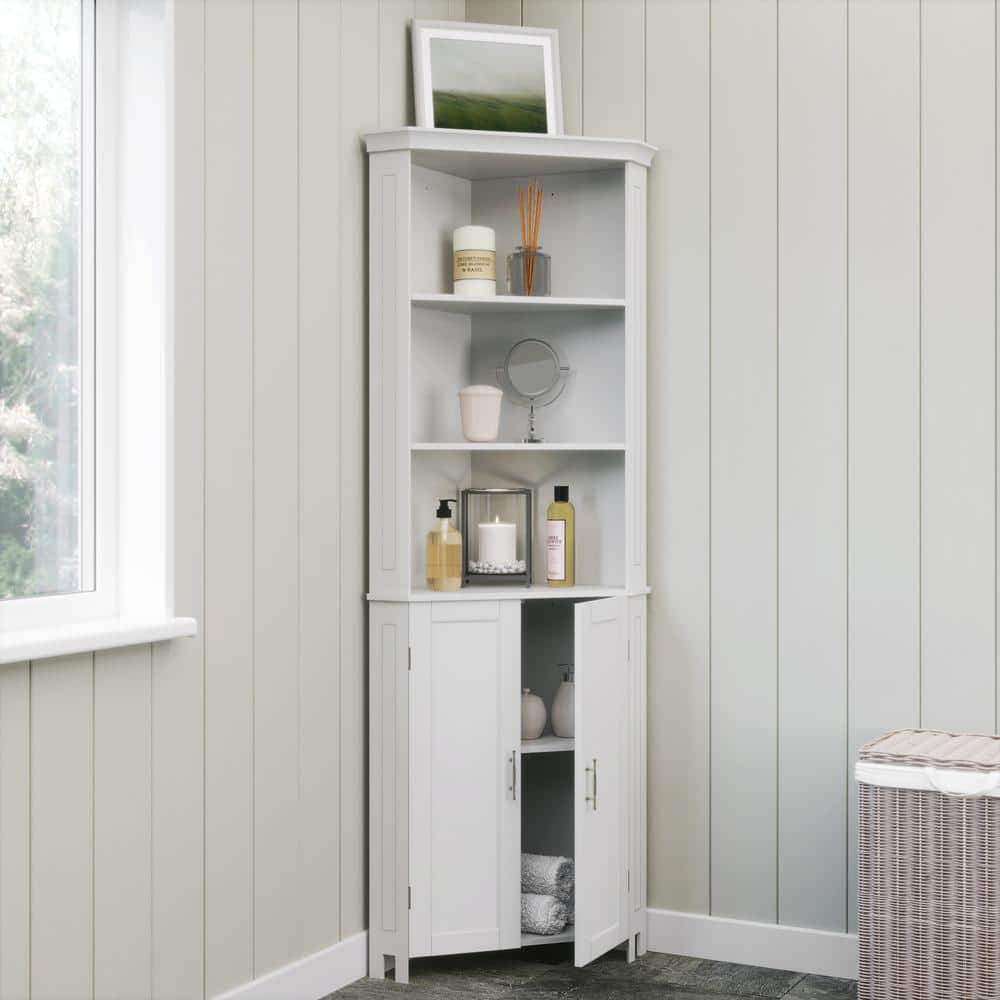 White Tall Corner Storage Cabinet with Adjustable Shelving