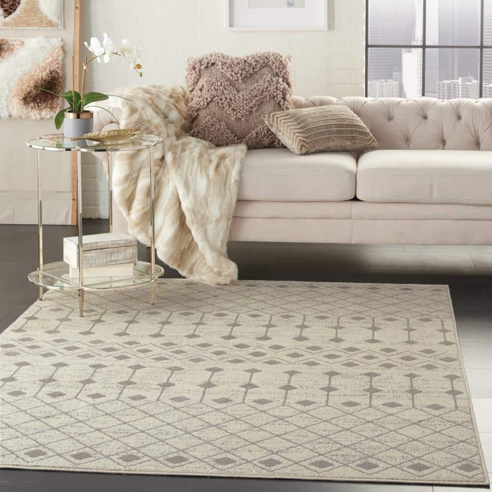 Ivory and Grey Moroccan Diamond 6' x 9' Synthetic Area Rug