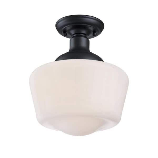 Scholar 1-Light Textured Black Outdoor Semi-Flush Mount Light with White Opal Glass