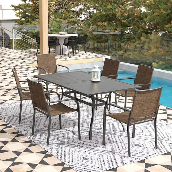 Anmutig 7-Piece Metal Rectangular Outdoor Dining Set-Brown
