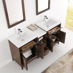 Cambridge 59 in. Vanity in Antique Coffee with Porcelain Vanity Top in White with White Ceramic Basins and Mirror