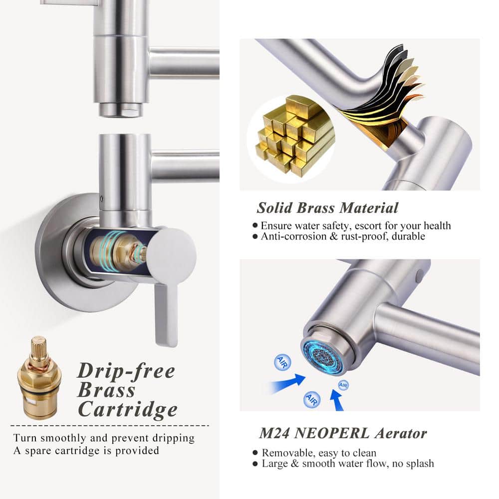 Brushed Nickel Wall Mount Double Handle Pot Filler Faucet