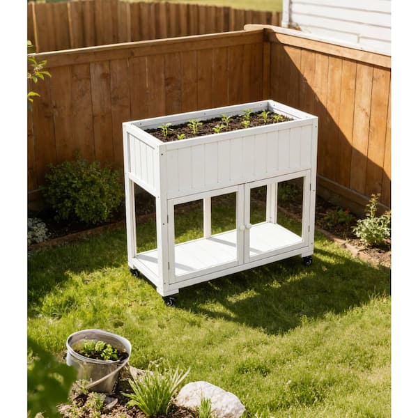 35.4 in. W x 17.7 in. D x 37.4 in. H Wood White Greenhouse with Wheels, Outdoor Cold Frame with 2 Doors