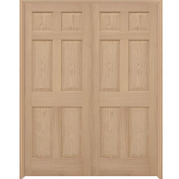 Steves & Sons 48 in. x 80 in. Universal 6-Panel Solid Unfinished Red Oak Wood Double Prehung Interior French Door with Nickel Hinges