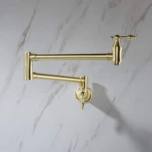 Wall Mount 4 GPM Pot Filler Faucet in Brushed Gold with 2-Valves and 25 in. Spout Reach Kettle Faucets