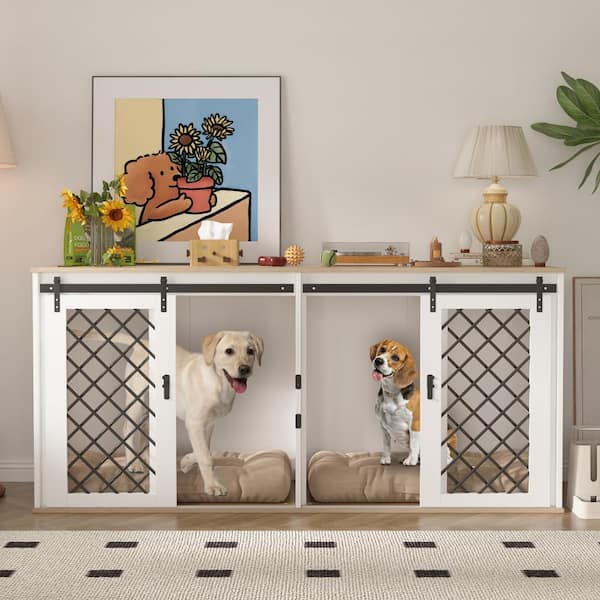 FUFU&GAGA Large Dog Kennels Furniture with Removable Irons for 2 Medium Dogs 70.8 in. Modern Dog Pens House with SlidingDoor White