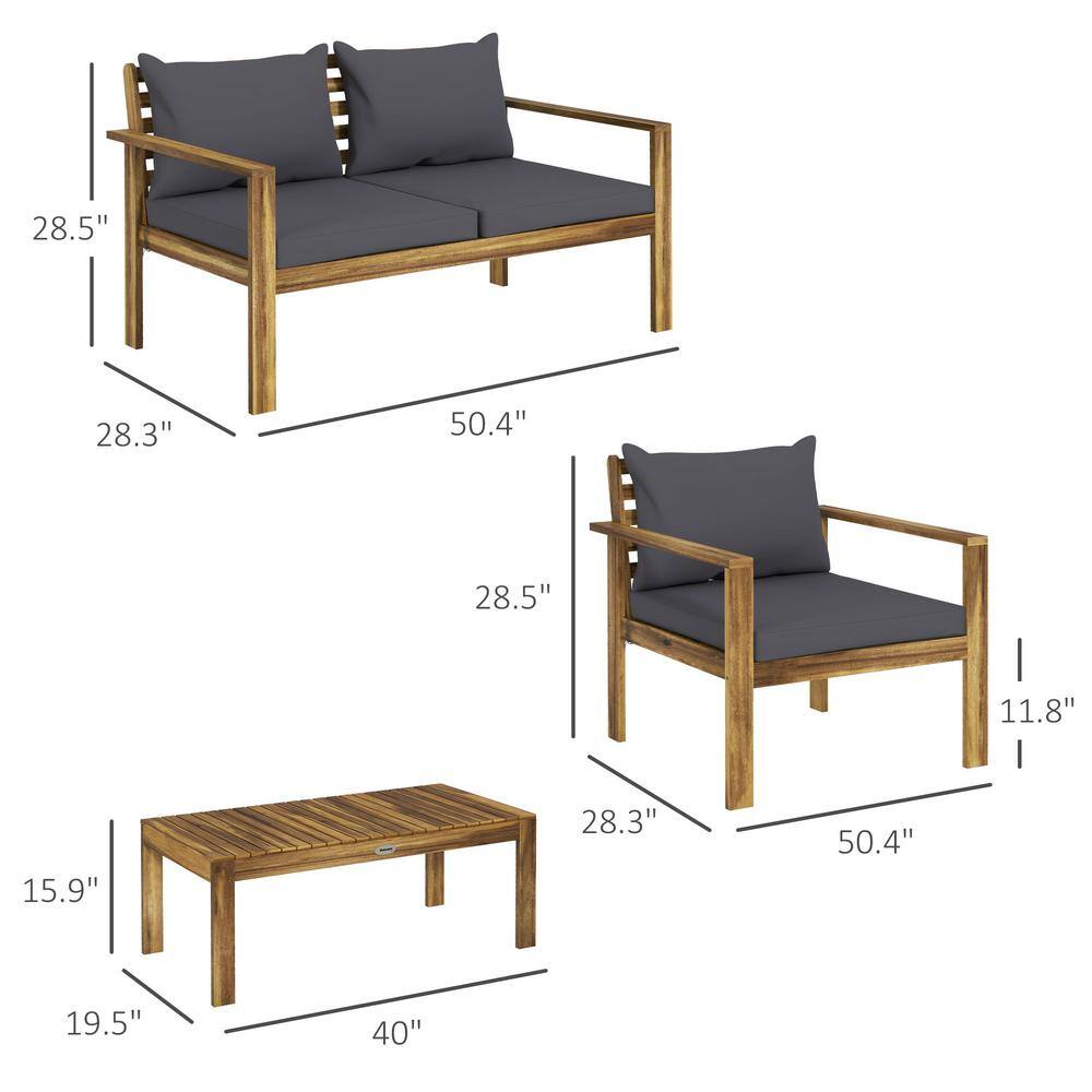 Acacia Wood 4-Piece Outdoor Patio Set with Gray Cushions