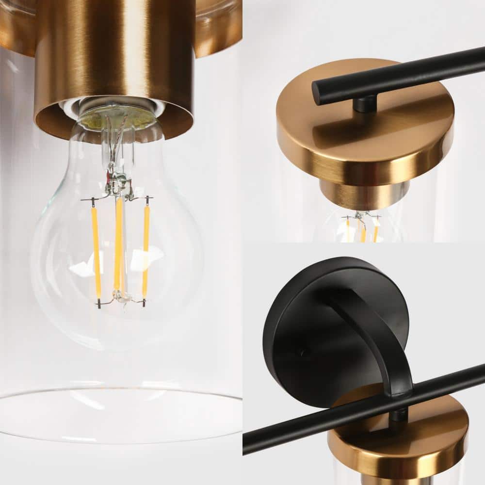 23.6" Black and Brass Metal Vanity Light with Clear Glass Cylinder Shades