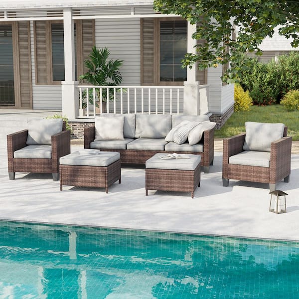 Sonkuki 5-Piece Outdoor Patio Conversation Set Widened Back and Arm, Brown Wicker Soft Light-colored Gray Cushions