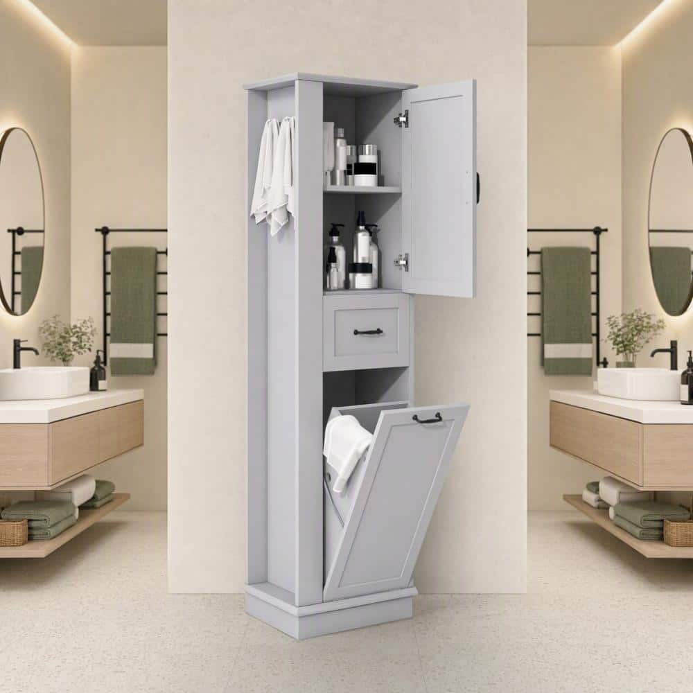 20.3 in.W x 13.8 in.D x 67.8 in.H Gray MDF Bathroom Linen Cabinet with Adjustable Shelves and Tilt-Out Basket