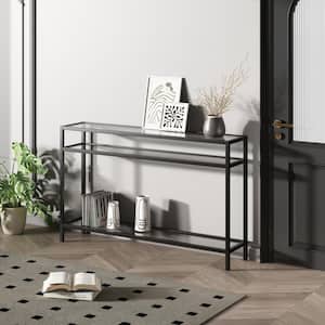 42.1 in. Black Rectangle Tempered Glass Console Table, Entryway Table with 3-Shelves, Metal Frame