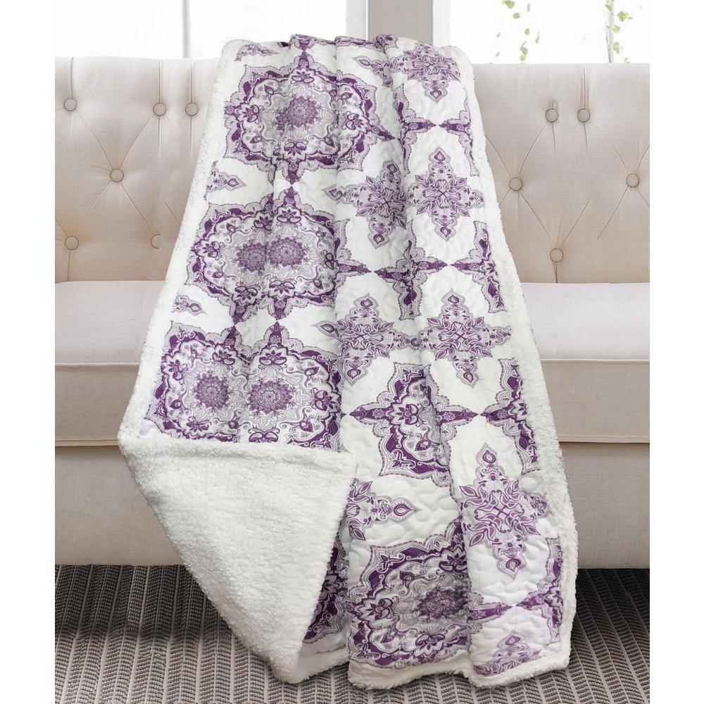 Purple and White Reversible Sherpa Throw Blanket 50 x 60 inches