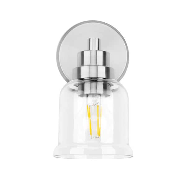 Cinkeda 4.7 in. W x 9 in. H 1-Light Brushed Nickel Mid-Century Modern Indoor Wall Sconce with Clear Glass Shade