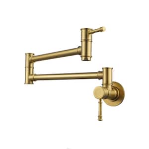 23.5-inch Wall Mount Folding Stretchable Pot Filler with Double Handle in Brushed Gold