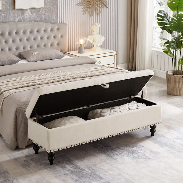 59 in. Beige Tufted End of Bed Bench Ottoman with Storage, 500 lbs. Capacity-Space-Saving Design