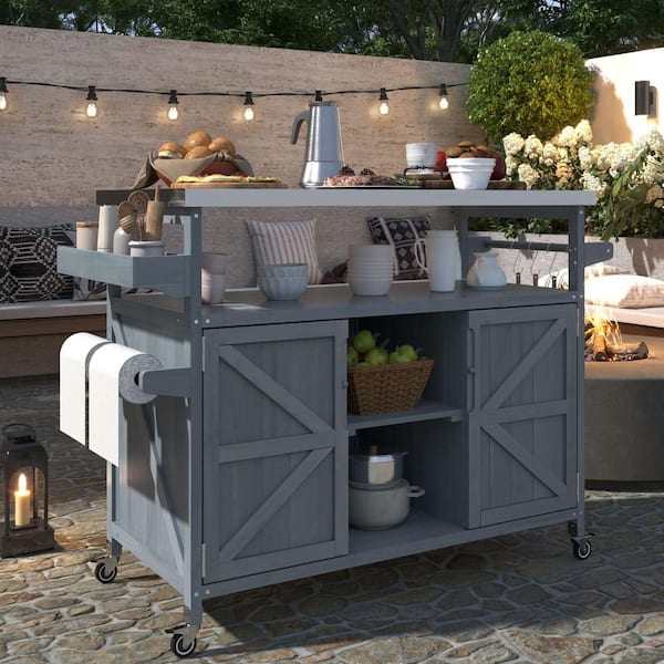 Outdoor Blue Stainless Steel Top 50 in. Kitchen Island Cart with 4 "S" Hook Hanger, Bottle Opener, Spice Rack and Wheels
